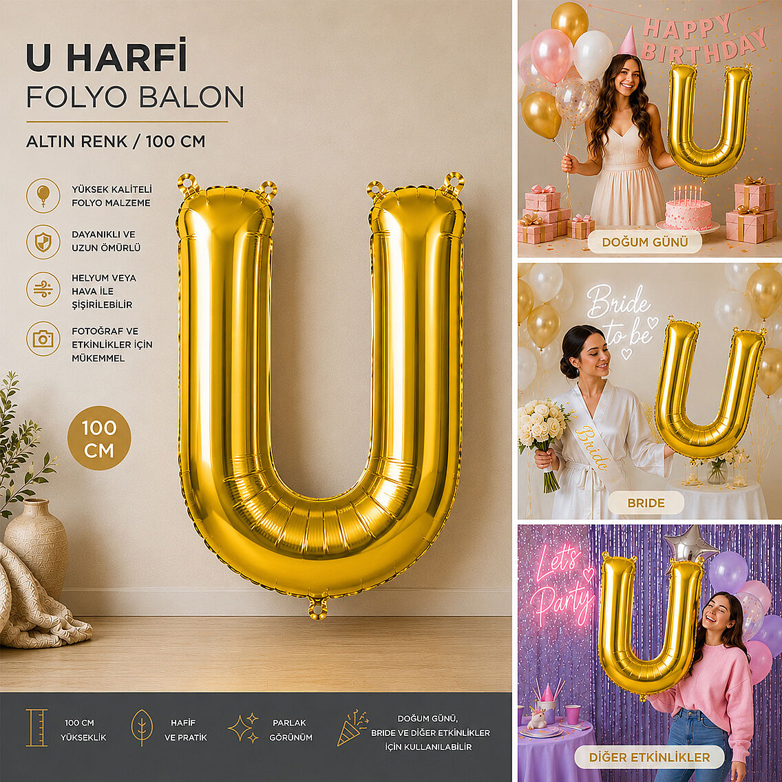 U Harfi Folyo Balon Altın Rengi (100 cm) - 2