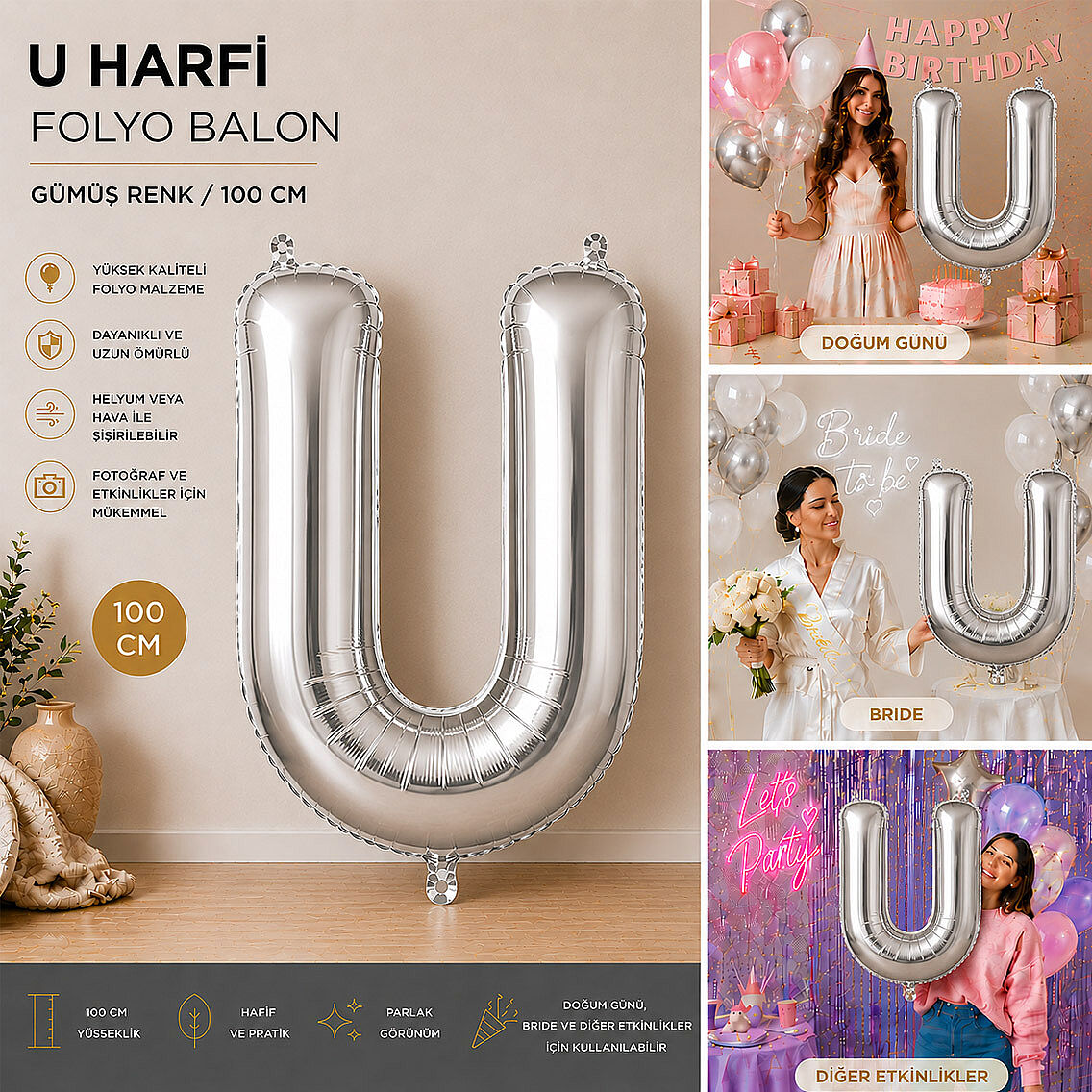 U Harfi Folyo Balon Gümüş Rengi (100 cm) - 2