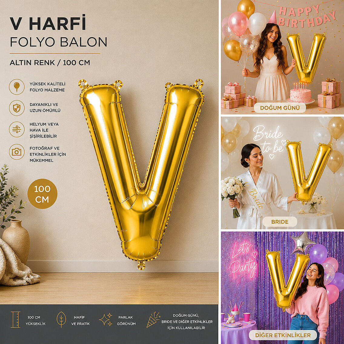 V Harfi Folyo Balon Altın Rengi (100 cm) - 2