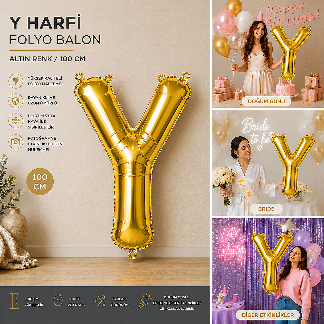 Y Harfi Folyo Balon Altın Rengi (100 cm) - 2