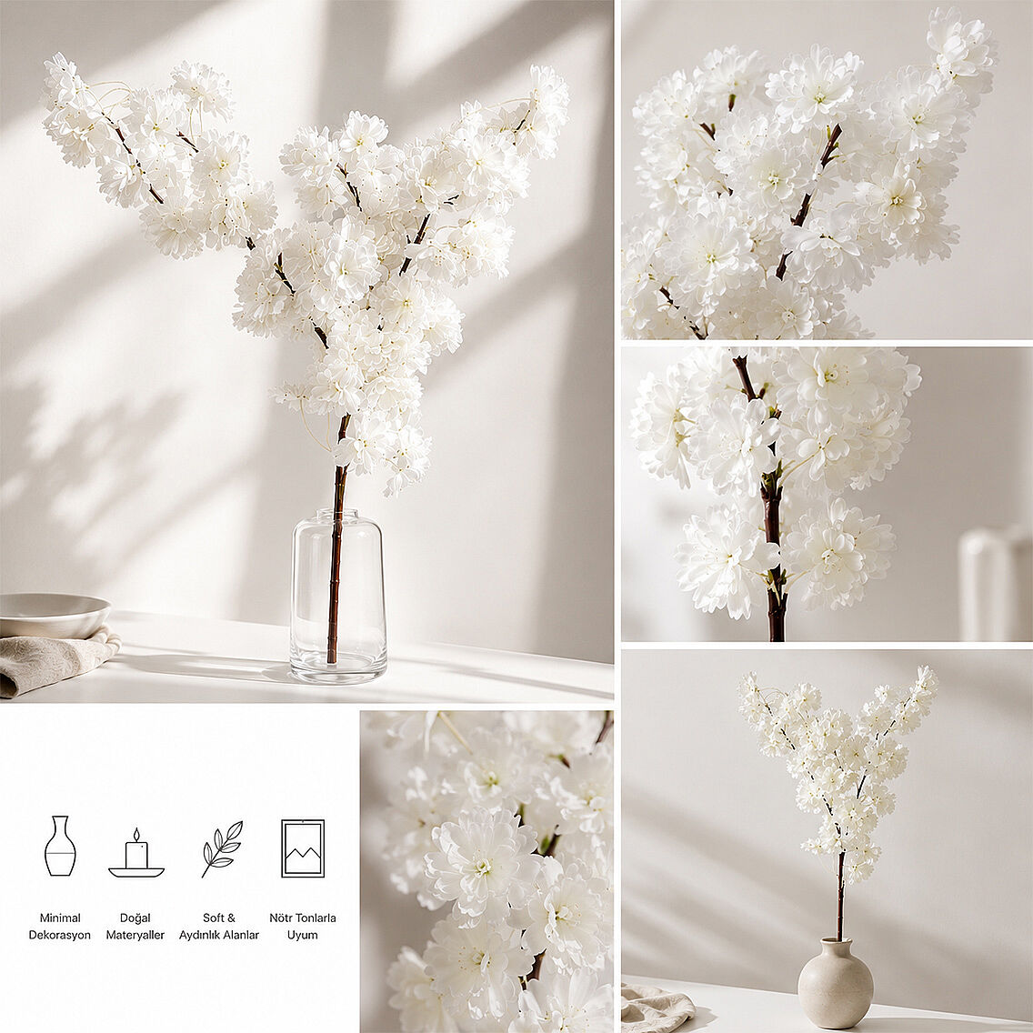 Yapay Çiçek Bahar Dalı 90 cm Beyaz - 2