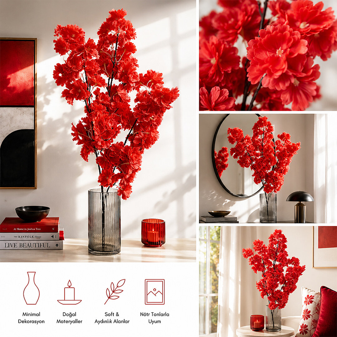 Yapay Çiçek Bahar Dalı 90 cm Kırmızı - 2