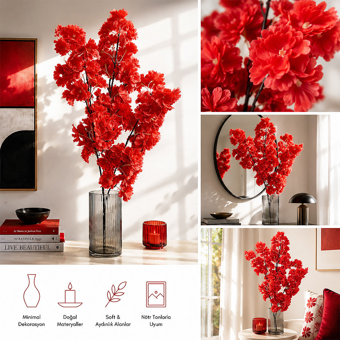 Yapay Çiçek Bahar Dalı 90 cm Kırmızı - 2