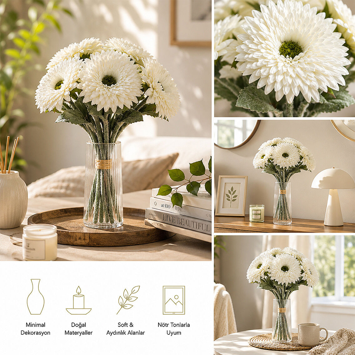 Yapay Çiçek Kasımpatı Buketi 49 cm Beyaz - 2
