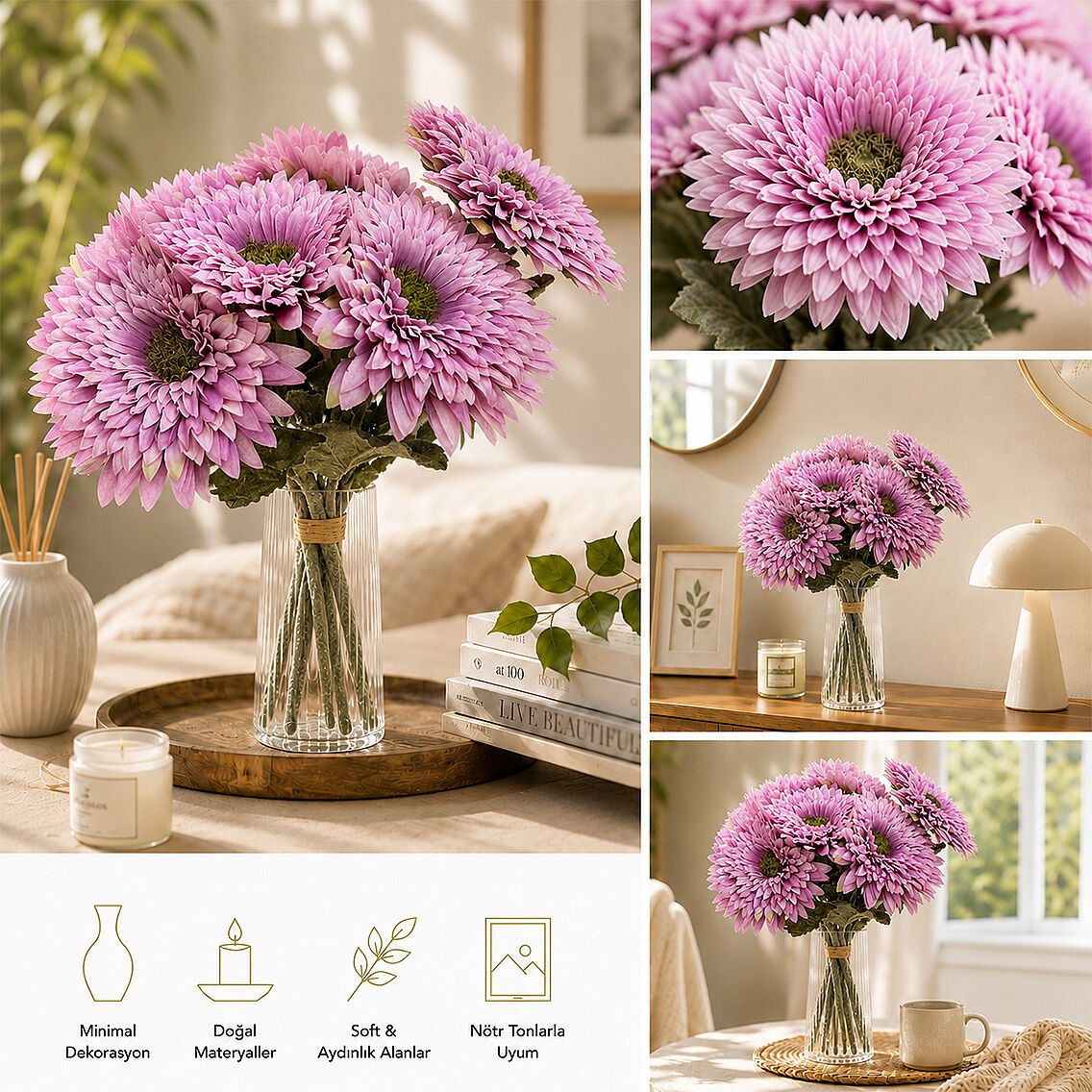 Yapay Çiçek Kasımpatı Buketi 49 cm Lila - 2
