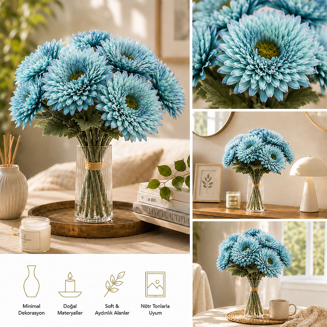 Yapay Çiçek Kasımpatı Buketi 49 cm Mavi - 2