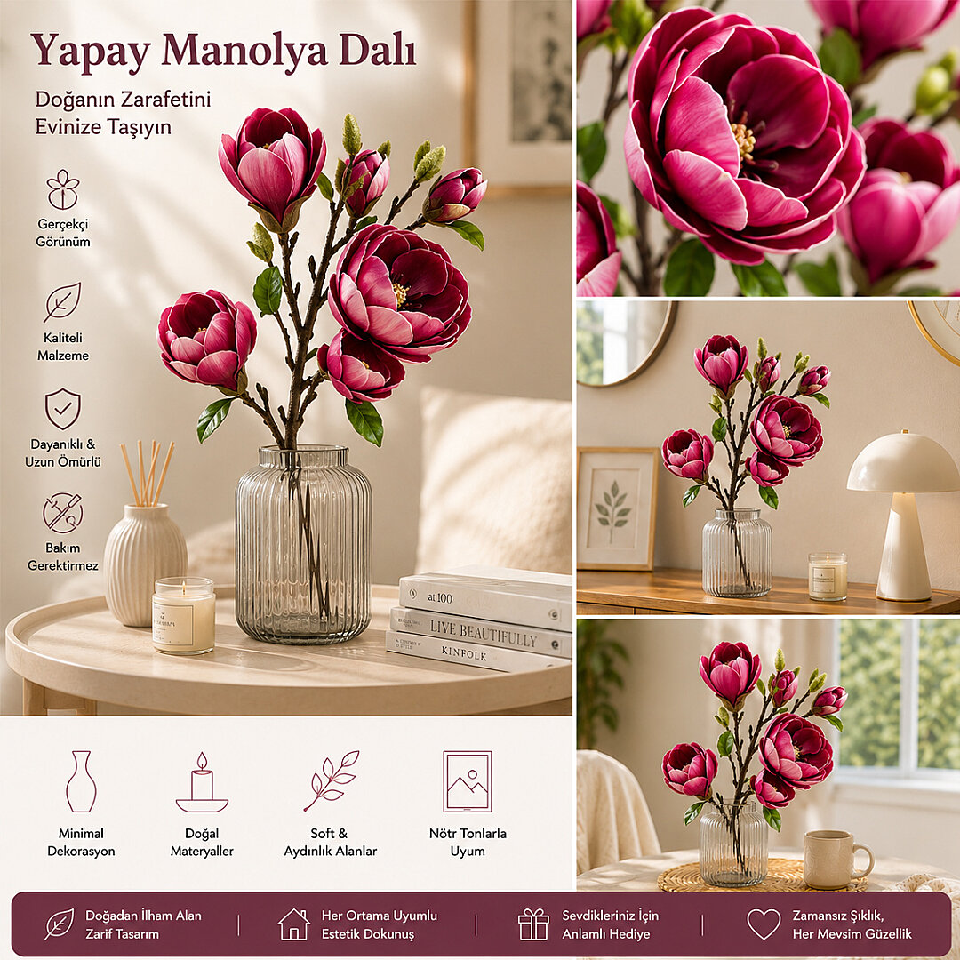 Yapay Manolya Buketi 90 cm Fuşya - 3