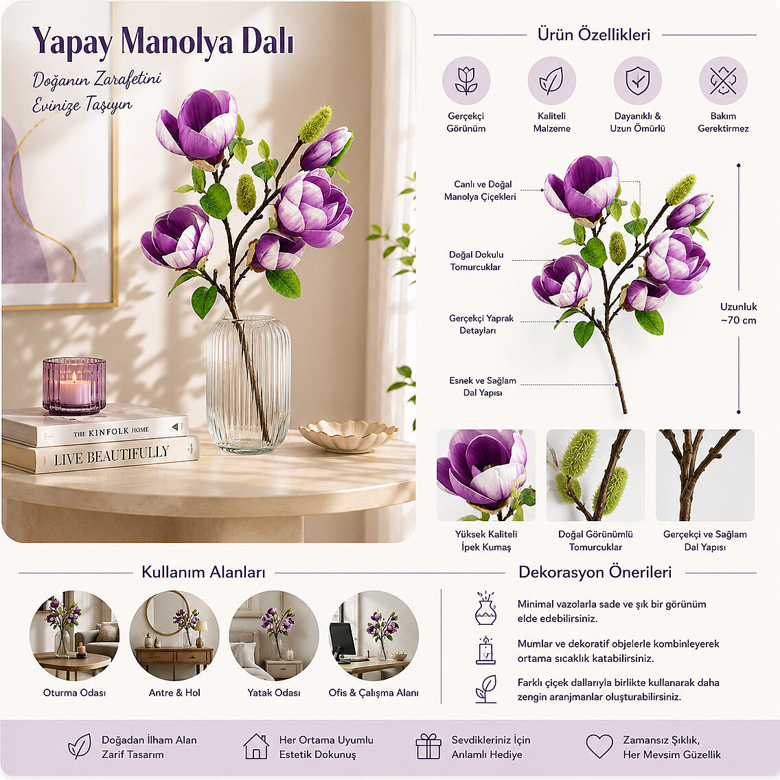 Yapay Manolya Buketi 90 cm Mor - 3