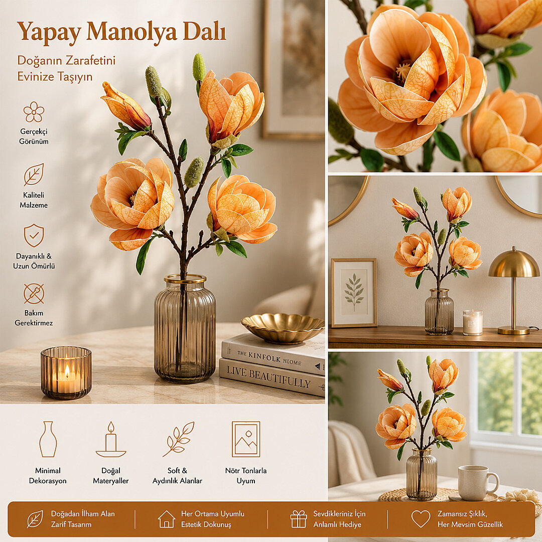 Yapay Manolya Buketi 90 cm Turuncu - 3
