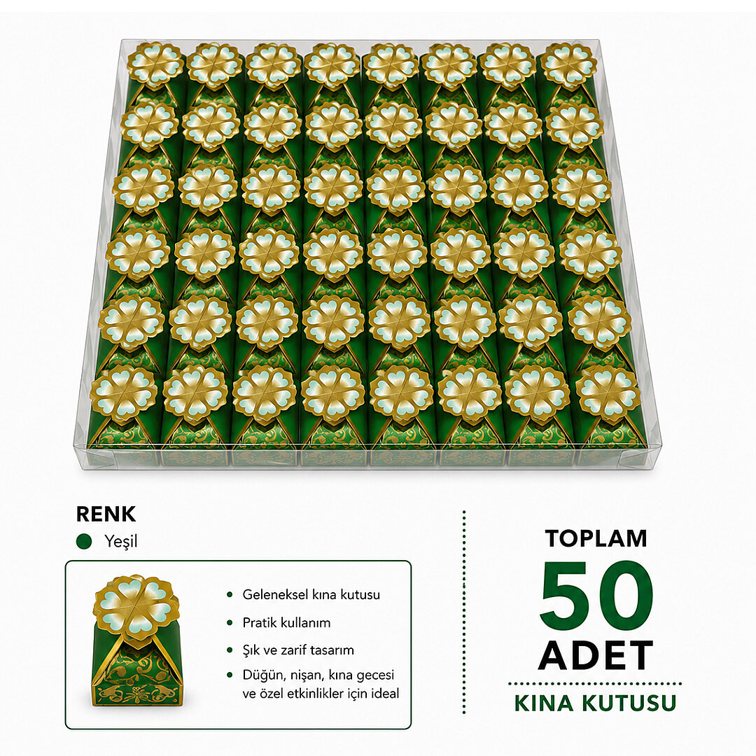 Yeşil Renk Kalp Desenli Kına 50 Adet - Beysüs
