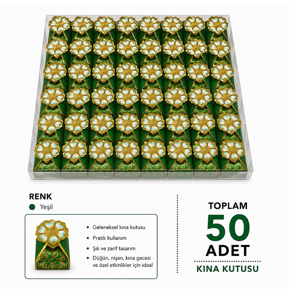 Yeşil Renk Kalp Desenli Kına 50 Adet - 1