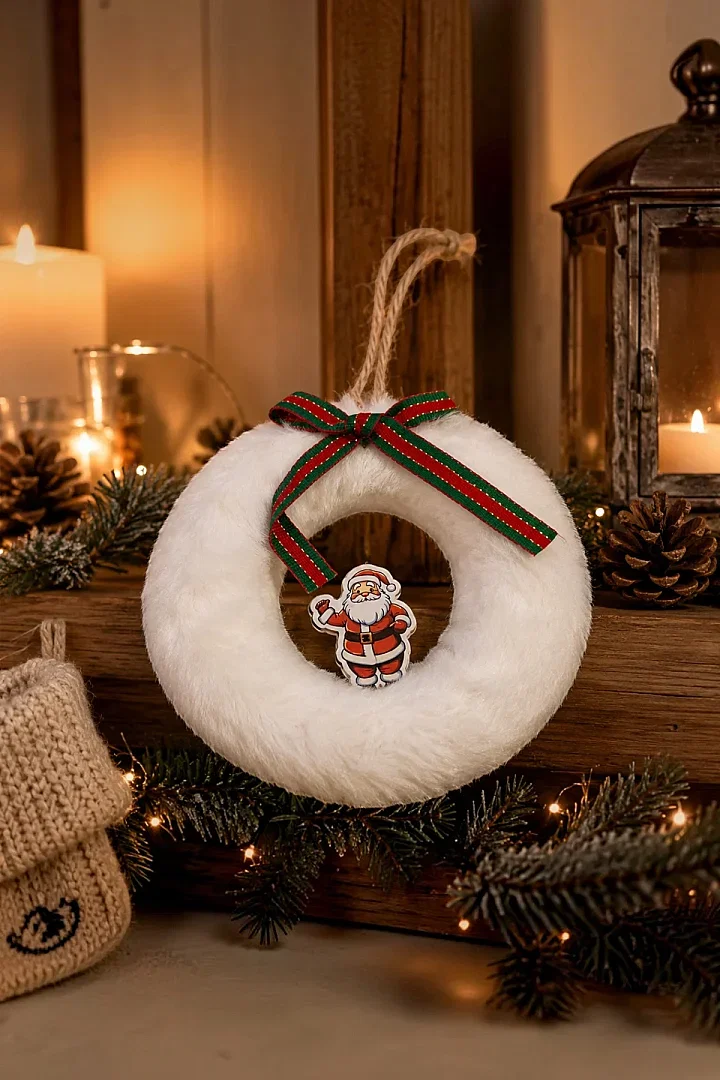 Yılbaşı Ağacı Süsü Beyaz Yuvarlak Noel Babalı Asma Süs - 1