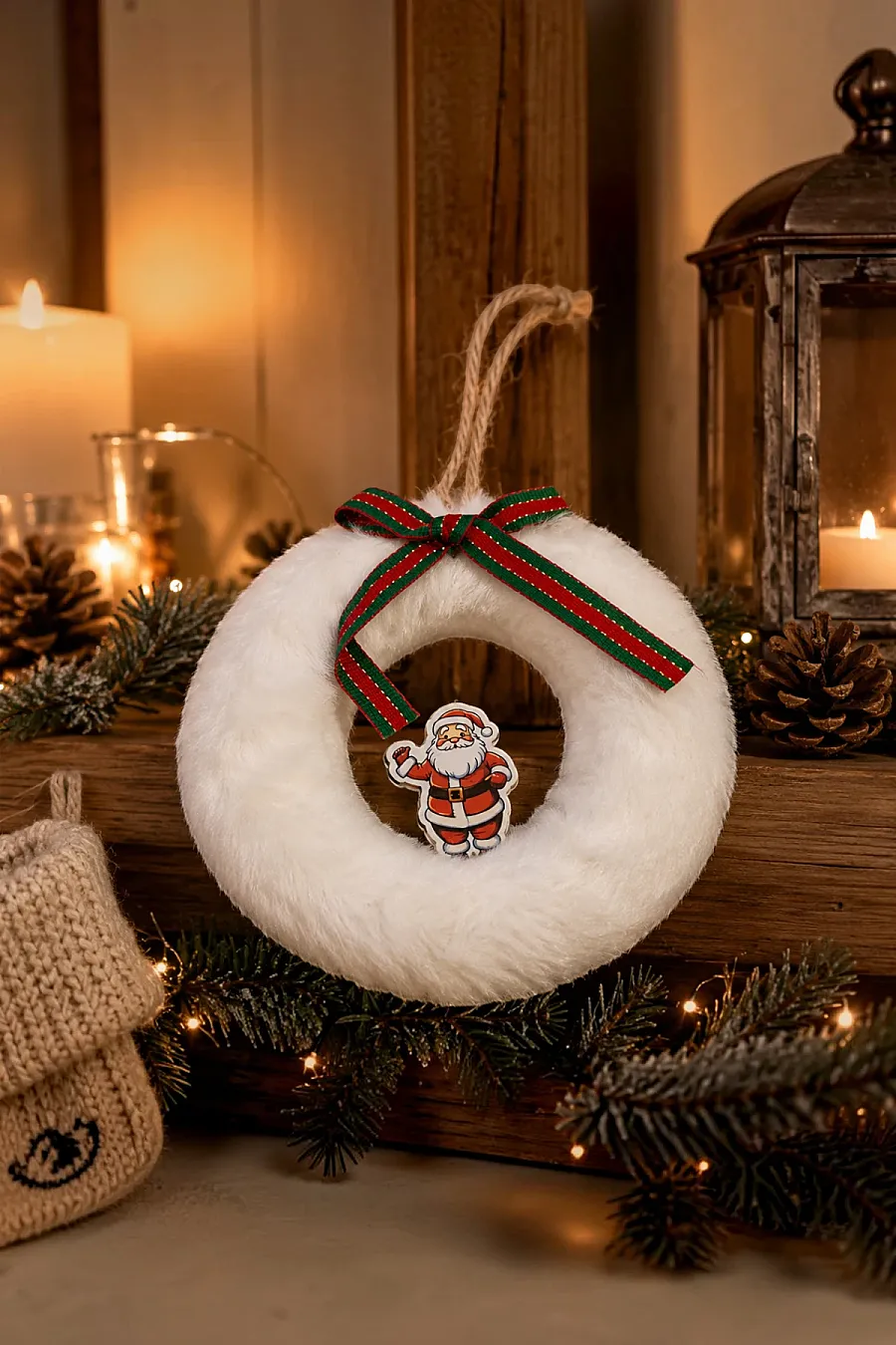 Yılbaşı Ağacı Süsü Beyaz Yuvarlak Noel Babalı Asma Süs - 1