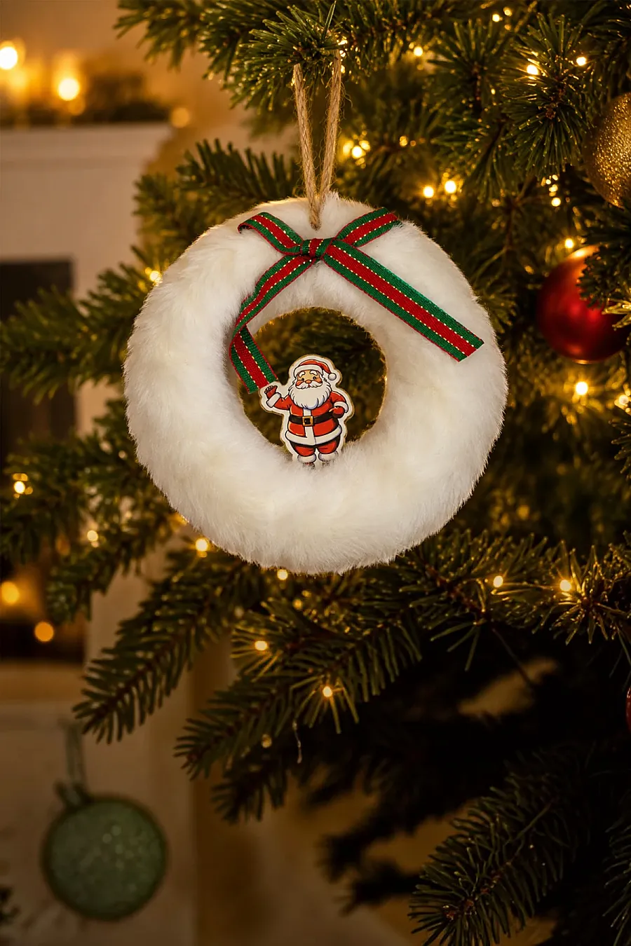 Yılbaşı Ağacı Süsü Beyaz Yuvarlak Noel Babalı Asma Süs - 2