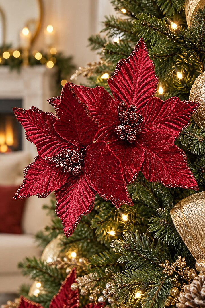 Yılbaşı Ağacı Süsü Bordo Ata Çiçek 14 cm 2'li - 3