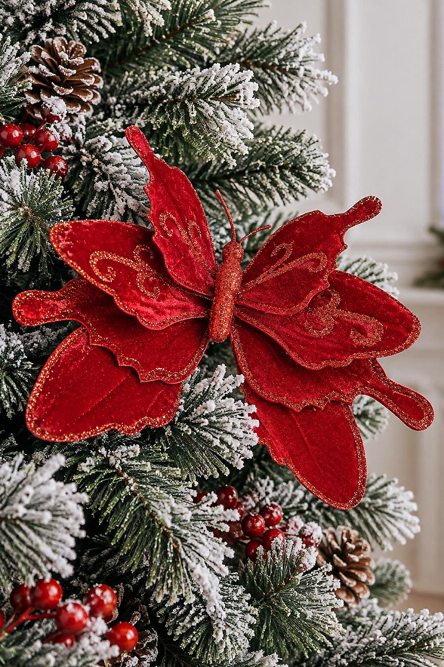 Yılbaşı Ağacı Süsü Kırmızı Kadife Kelebek Dalı 27 cm - 1
