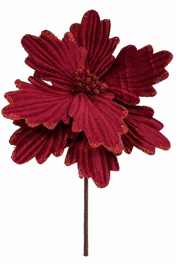 Yılbaşı Bordo Kadife Simli Ata Çiçek 18 cm - 2