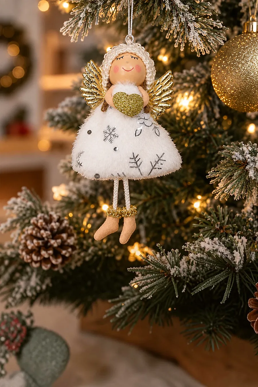 Yılbaşı Kar Meleği Gold Kalp Desenli 13 cm - 1