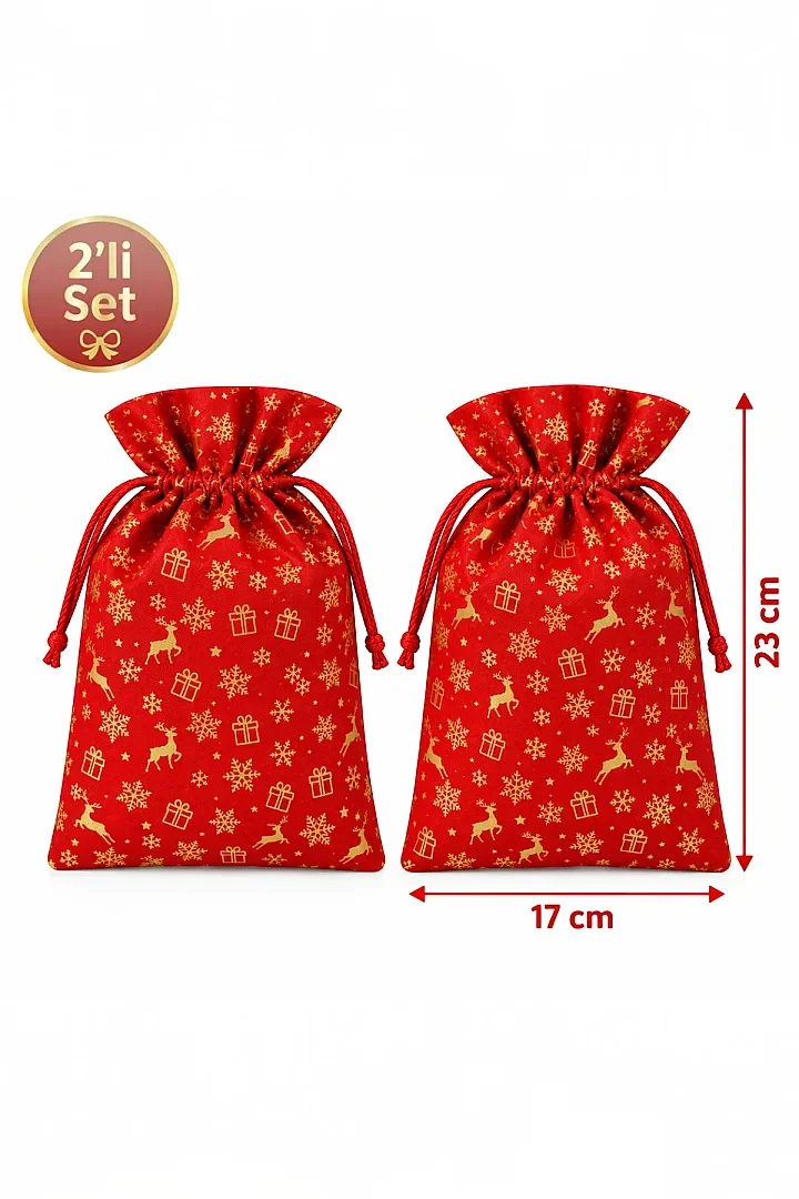 Yılbaşı Kırmızı Gold Geyik ve Kar Tanesi Desenli Hediye Kesesi 2’li Set - 17x23 cm - Beysüs (1)