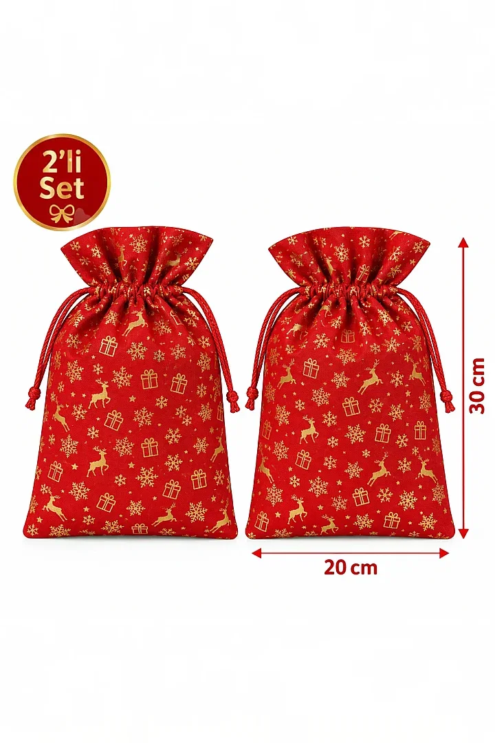 Yılbaşı Kırmızı Gold Geyik ve Kar Tanesi Desenli Hediye Kesesi 2’li Set - 20x30 cm - Beysüs (1)