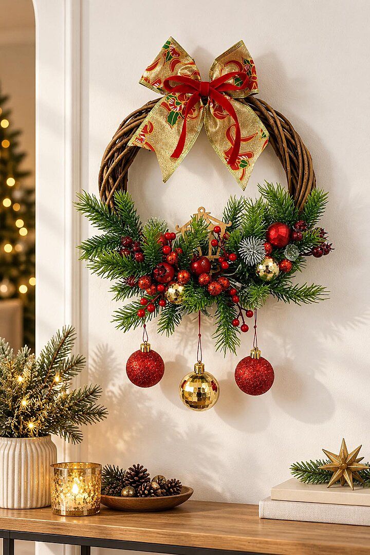 Yılbaşı Kokinalı Gold Fiyonklu Sarkıt Toplu Kapı Çelengi 25x25 cm - Beysüs