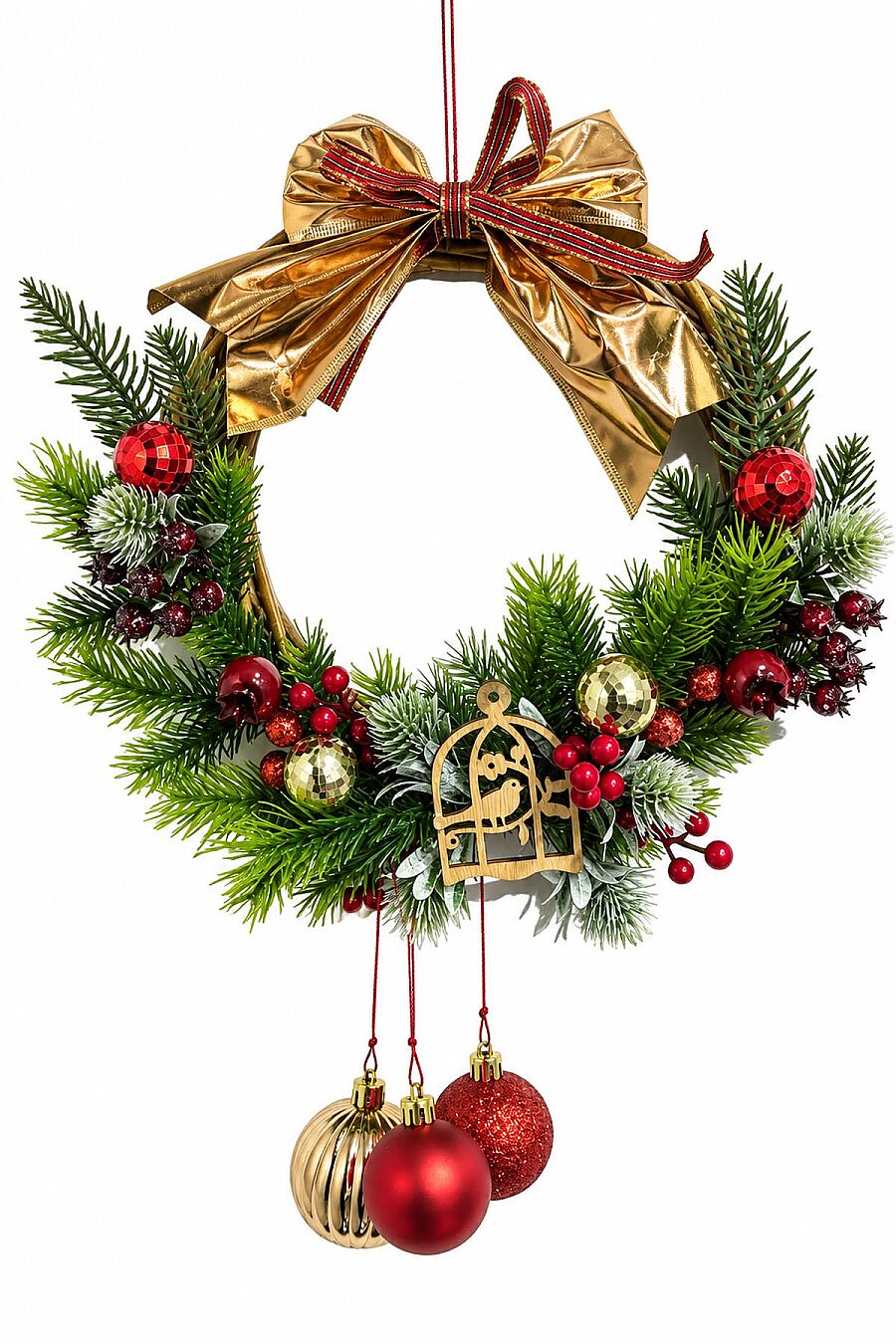 Yılbaşı Kuş Kafesi Figürlü Gold Fiyonklu Kapı Çelengi 25x25 cm - 2