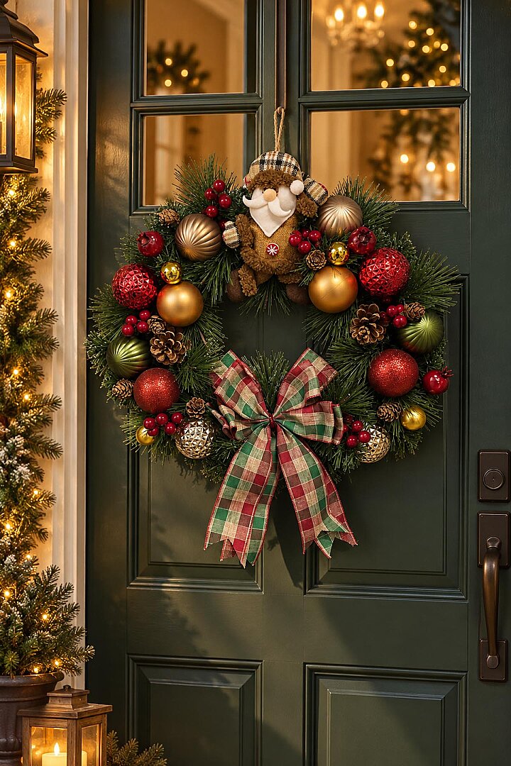 Yılbaşı Noel Baba Figürlü Ekose Fiyonklu Kapı Çelengi 45x45 cm - 4