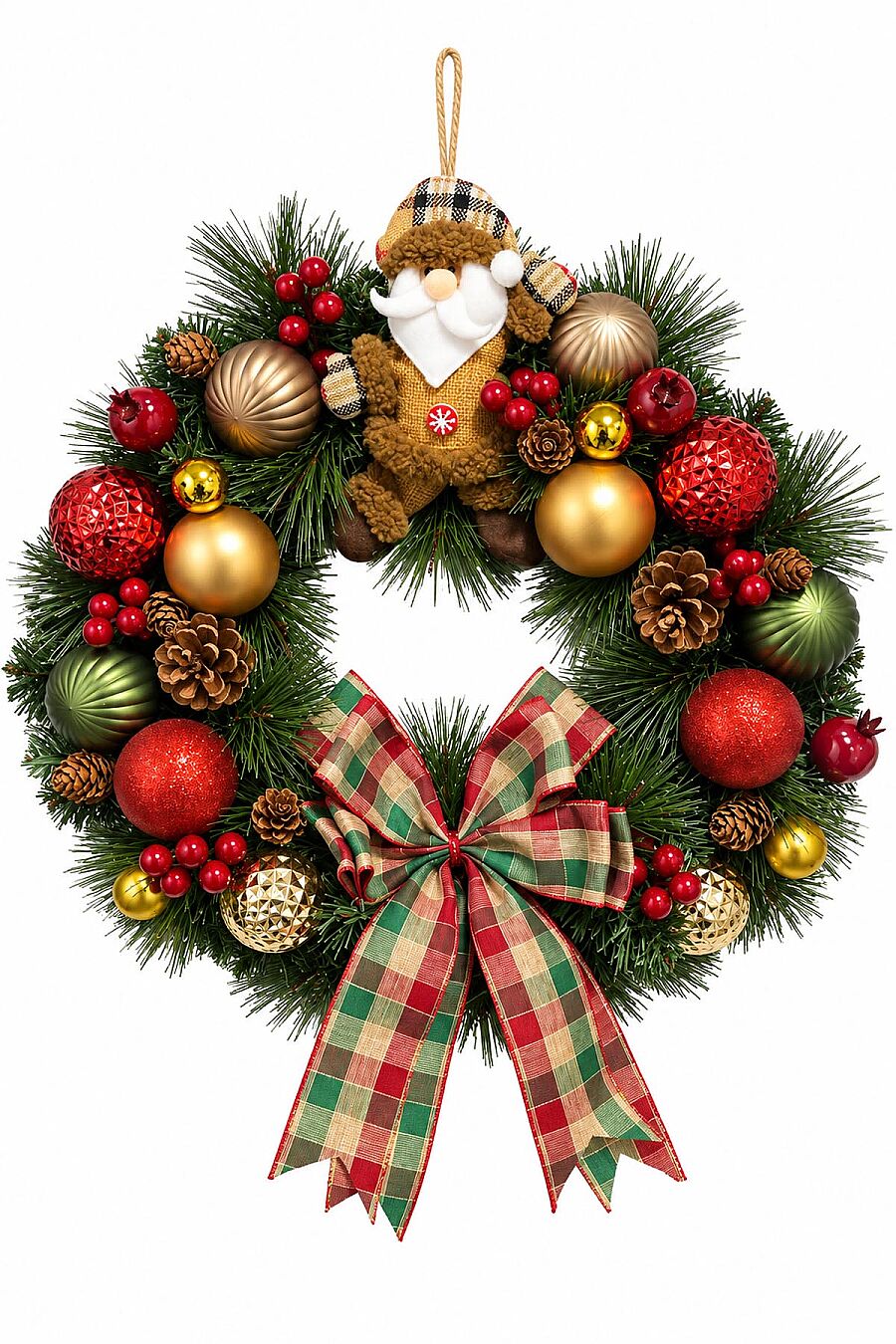 Yılbaşı Noel Baba Figürlü Ekose Fiyonklu Kapı Çelengi 45x45 cm - 2