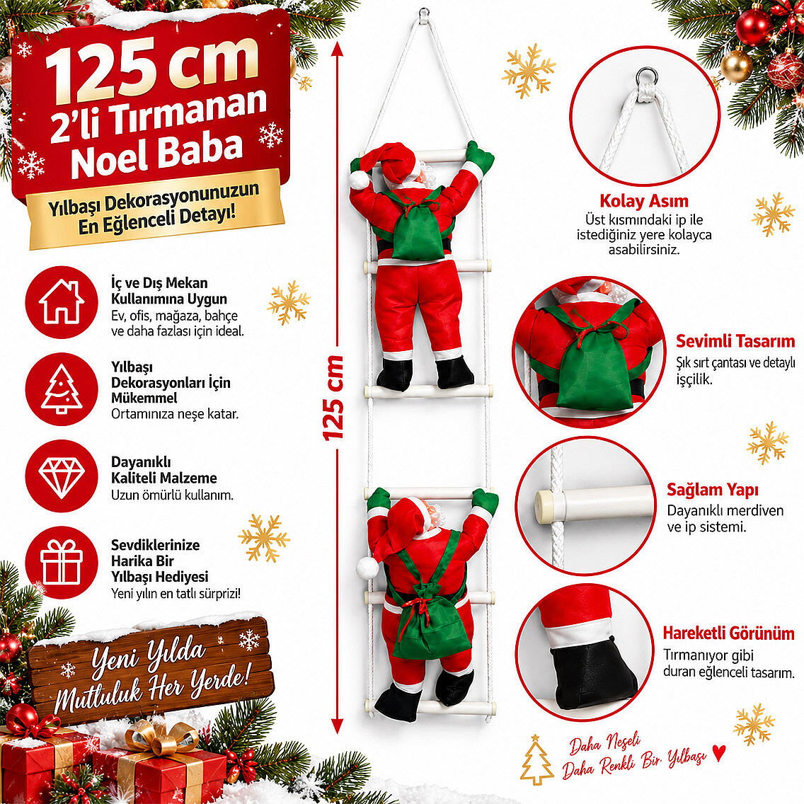 Yılbaşı Tırmanan Noel Baba 125 cm 2'li - 5