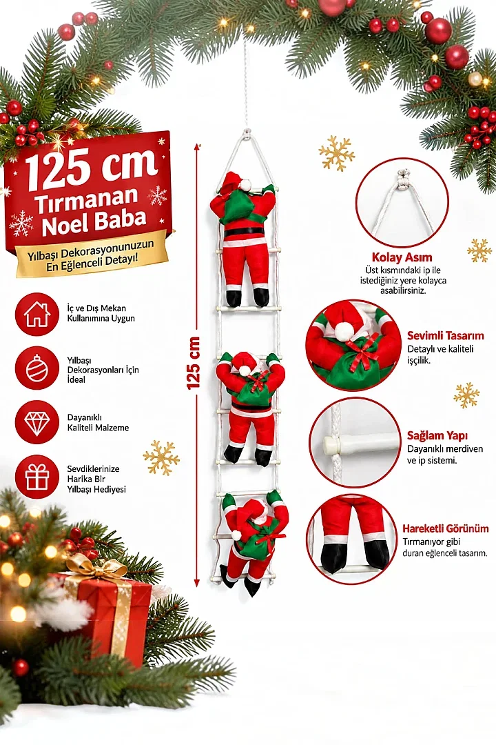 Yılbaşı Tırmanan Noel Baba 125 cm 3'lü - 4