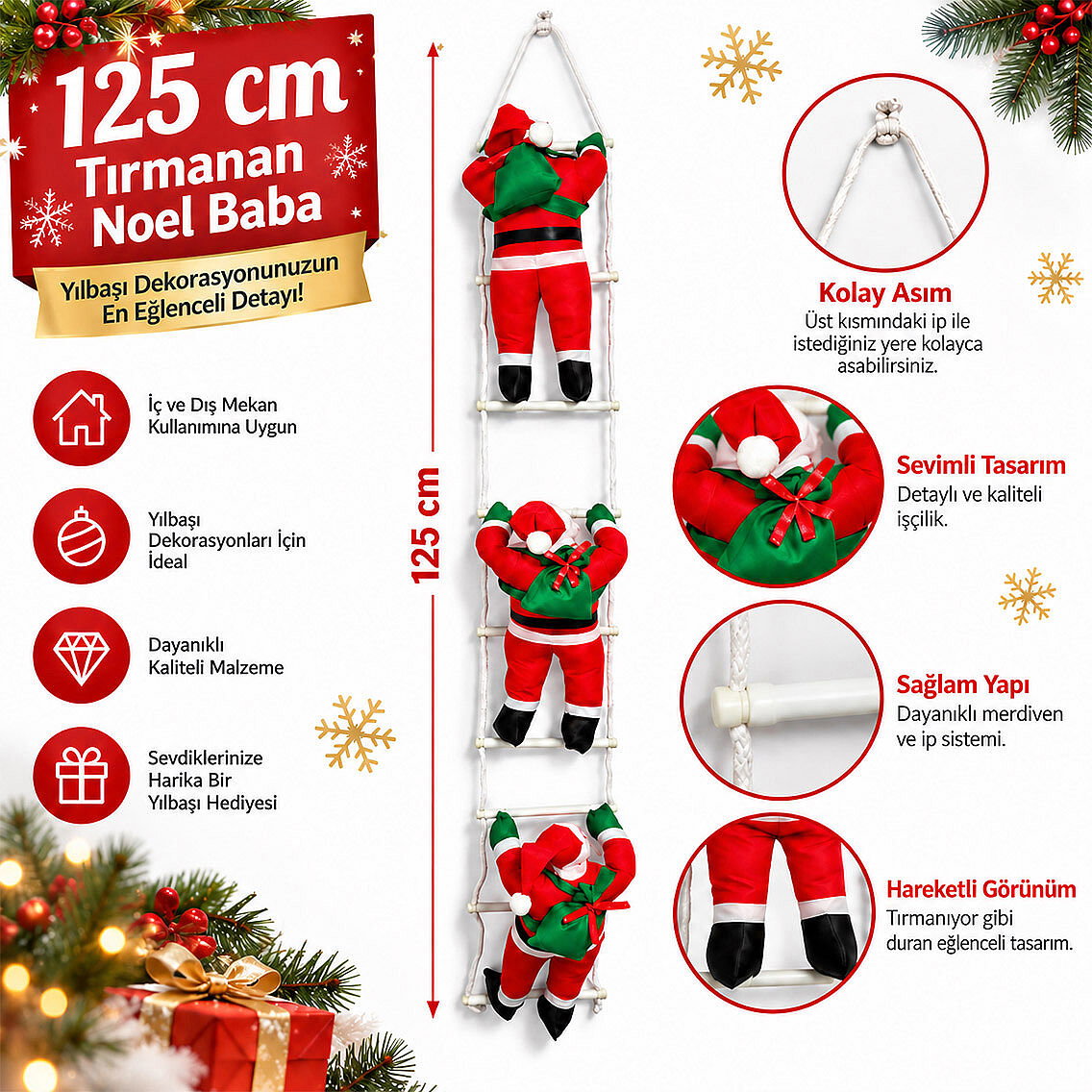 Yılbaşı Tırmanan Noel Baba 125 cm 3'lü - 3