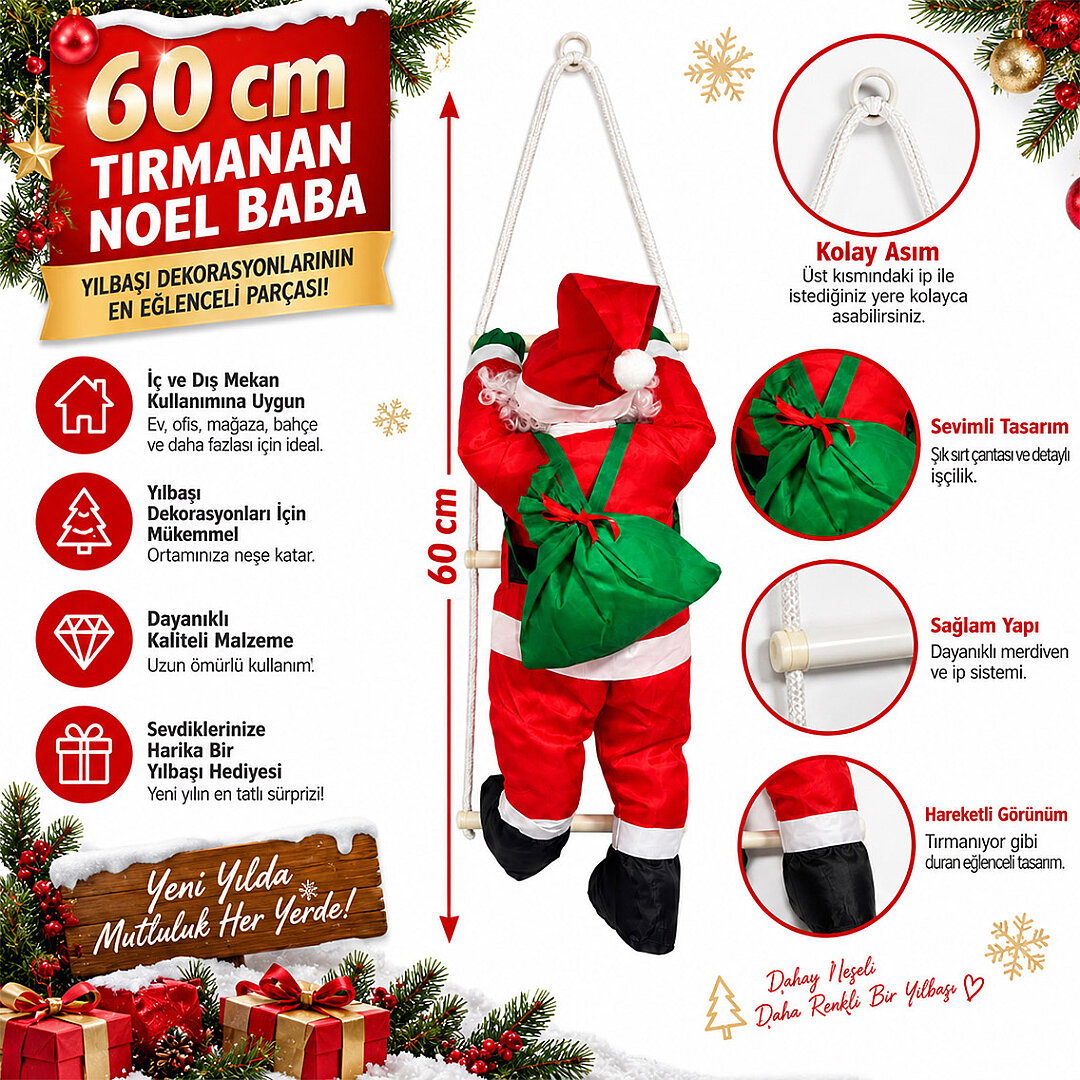 Yılbaşı Tırmanan Noel Baba 60 cm - 4