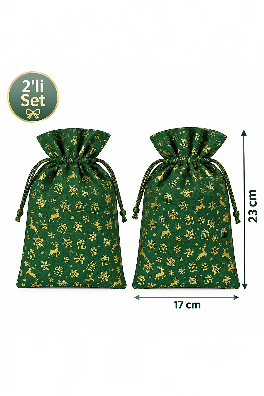 Yılbaşı Yeşil Gold Geyik ve Kar Tanesi Desenli Hediye Kesesi 2’li Set - 17x23 cm - 2