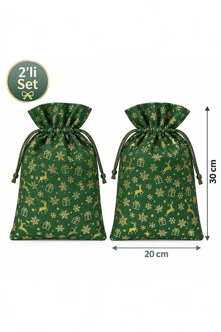 Yılbaşı Yeşil Gold Geyik ve Kar Tanesi Desenli Hediye Kesesi 2’li Set - 20x30 cm - Beysüs (1)