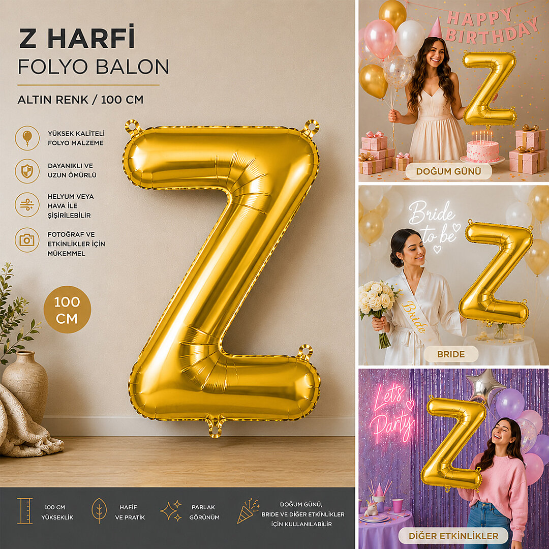Z Harfi Folyo Balon Altın Rengi (100 cm) - 2