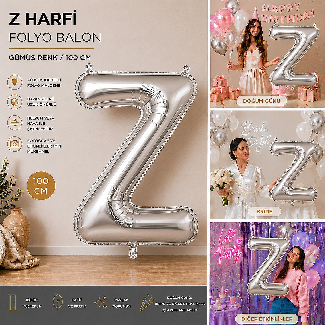 Z Harfi Folyo Balon Gümüş Rengi (100 cm) - 2